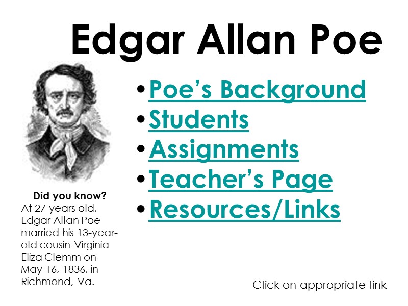 Edgar Allan Poe Poe’s Background Students Assignments Teacher’s Page Resources/Links Did you know? At